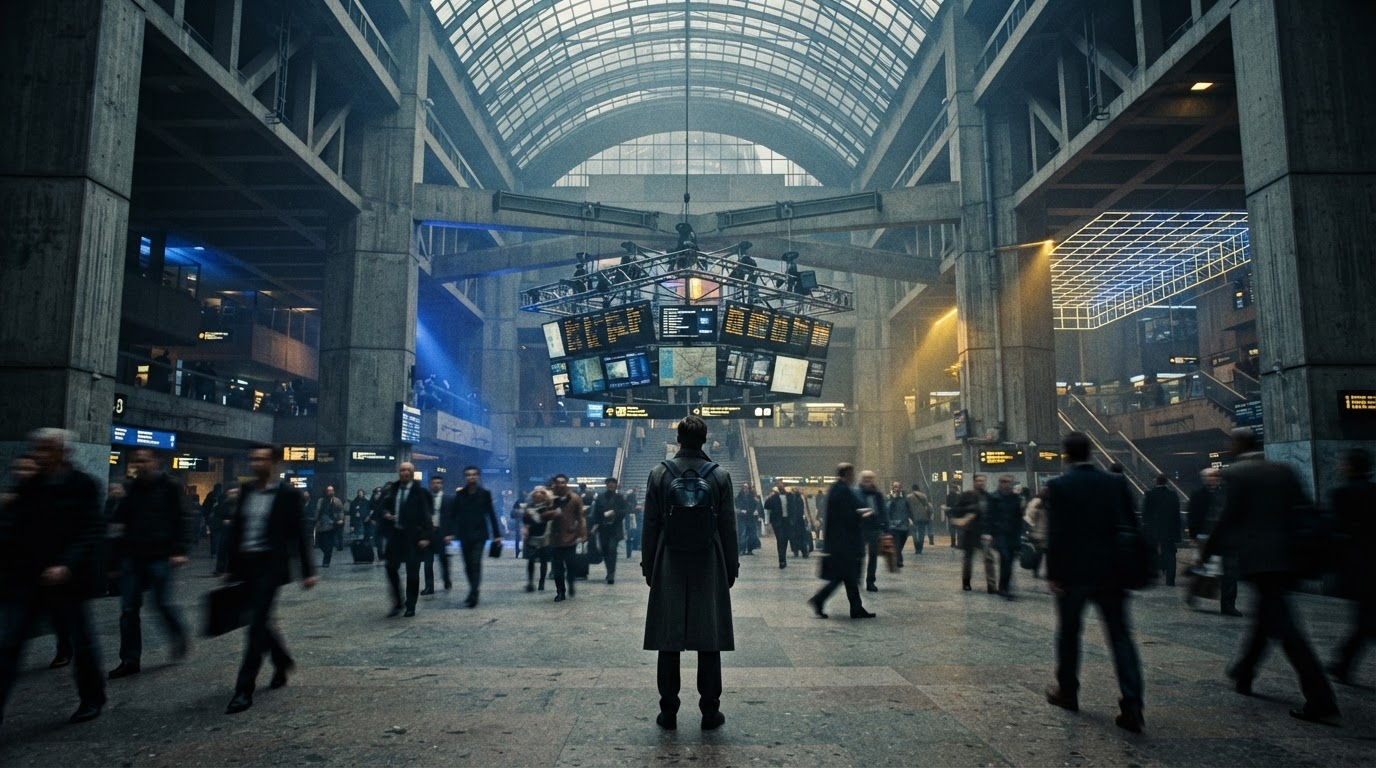 A lone commuter in a desaturated brutalist transit hub illuminated by cobalt blue and amber light rays designed for perceptual equity.