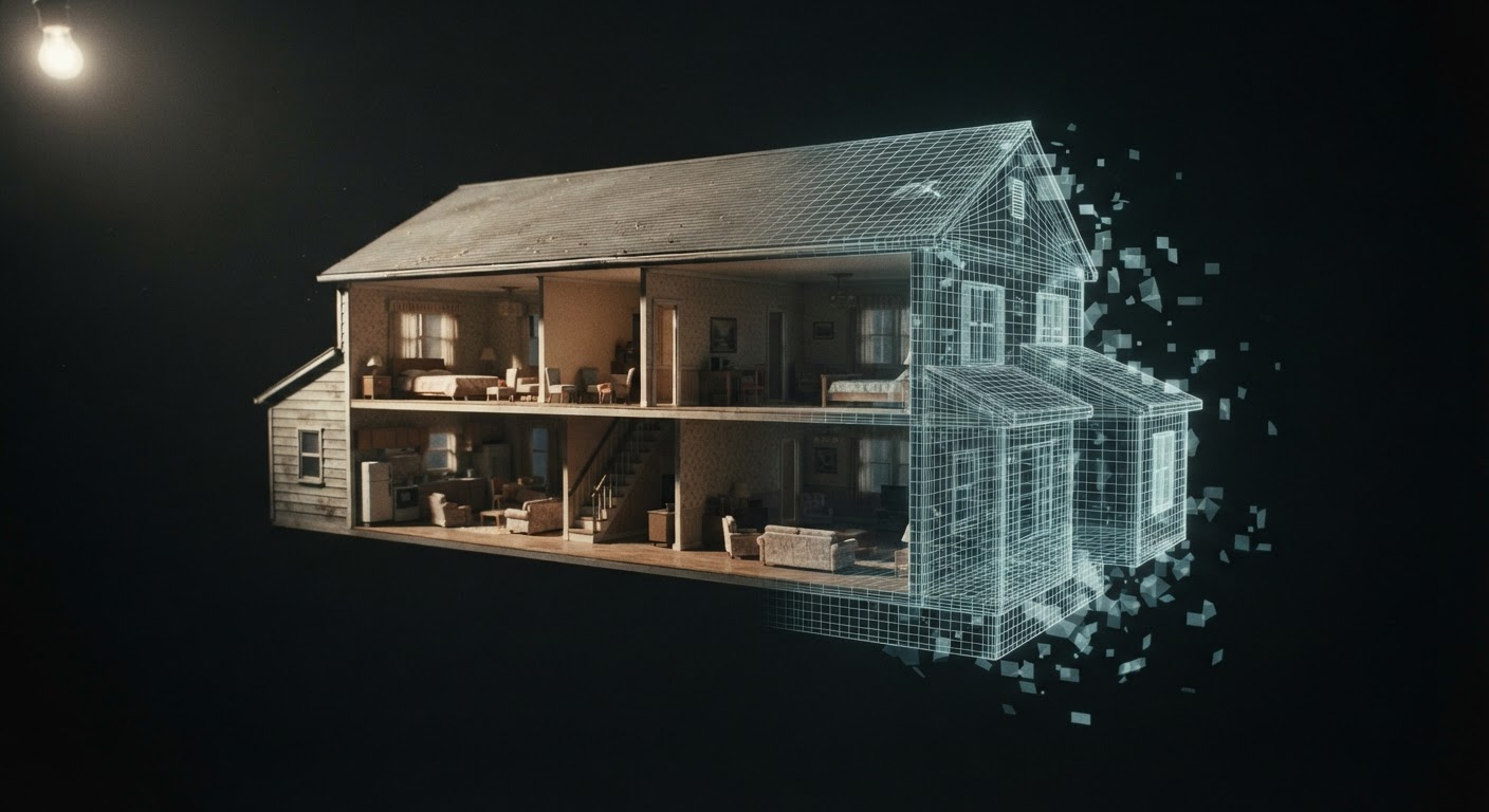 Architectural cross-section miniature of a suspended suburban house dissolving from a physical model into a digital wireframe grid, representing the gap between virtual spatial imagination and real construction constraints.