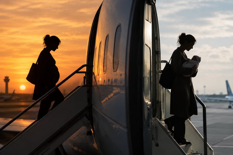A composite split image showing the silhouette of a pregnant woman walking up airplane stairs at sunset on the left, and the same woman walking down the stairs holding a baby in daylight on the right.