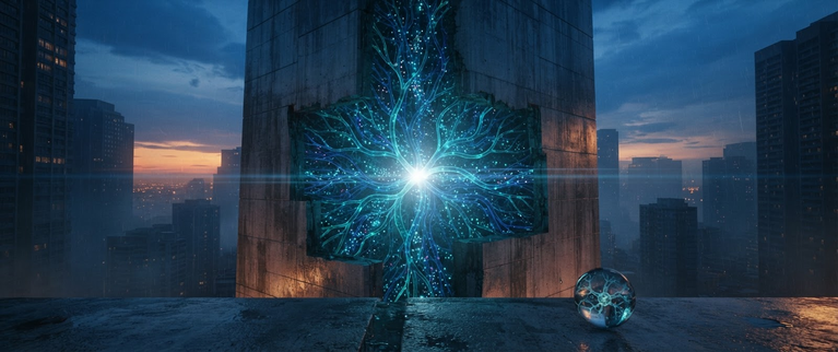 Cross-section of a brutalist supertall skyscraper at blue hour revealing a luminous vascular network of glowing cyan molecular channels embedded within the concrete walls, with proton-like particles flowing in single file through nanoscale conduits.