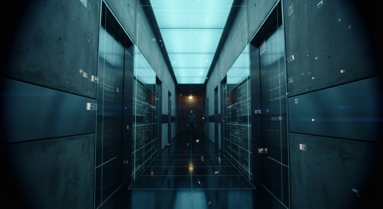 A narrow mirror-lined concrete corridor overlaid with translucent 9:16 algorithmic grid lines, a small human figure dwarfed by the digital framework reshaping the architectural space around them.