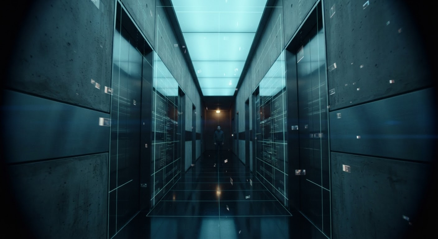 A narrow mirror-lined concrete corridor overlaid with translucent 9:16 algorithmic grid lines, a small human figure dwarfed by the digital framework reshaping the architectural space around them.