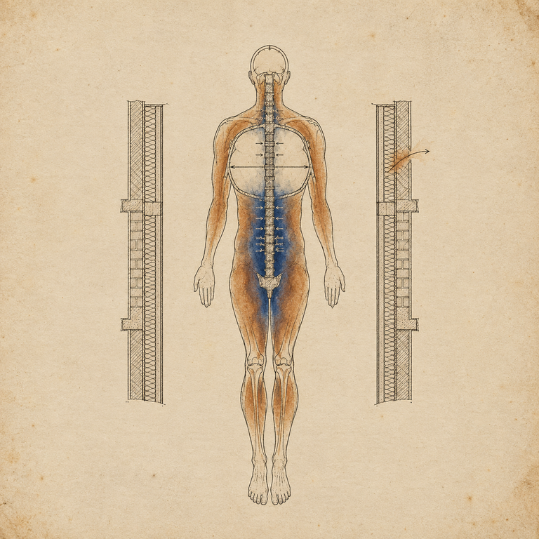 Architectural cross-section drawing of a sleeping human body with the spine rendered as a load-bearing structural column and a thermal gradient radiating outward through a wall section, illustrating heat loss and deep sleep physiology