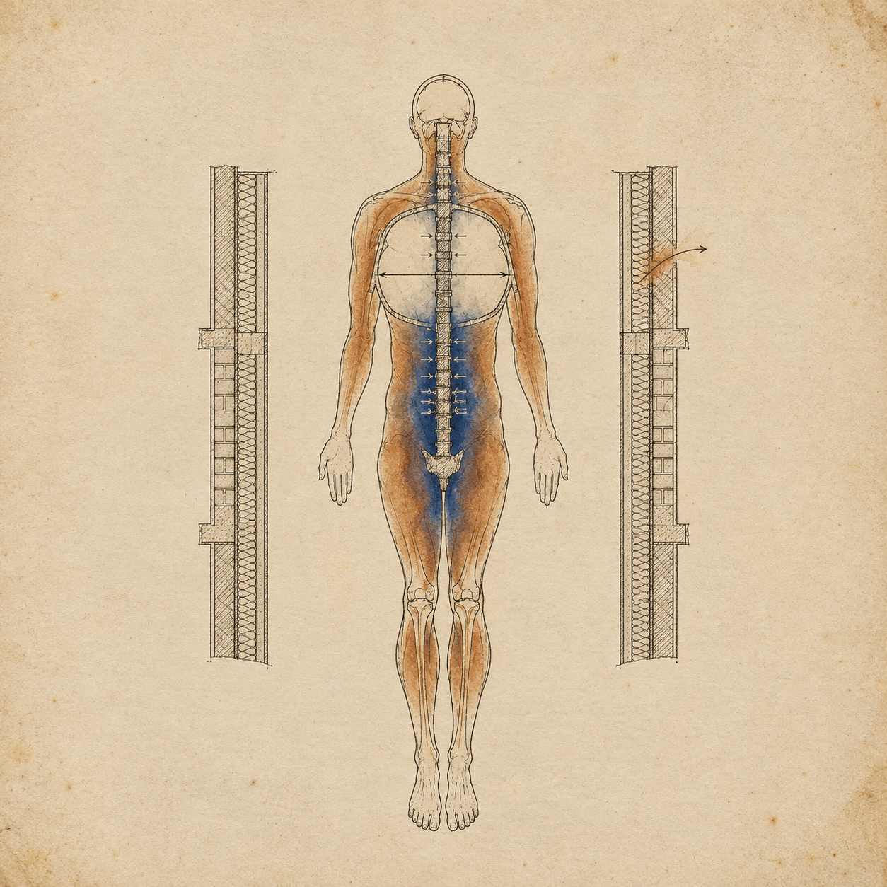 Architectural cross-section drawing of a sleeping human body with the spine rendered as a load-bearing structural column and a thermal gradient radiating outward through a wall section, illustrating heat loss and deep sleep physiology