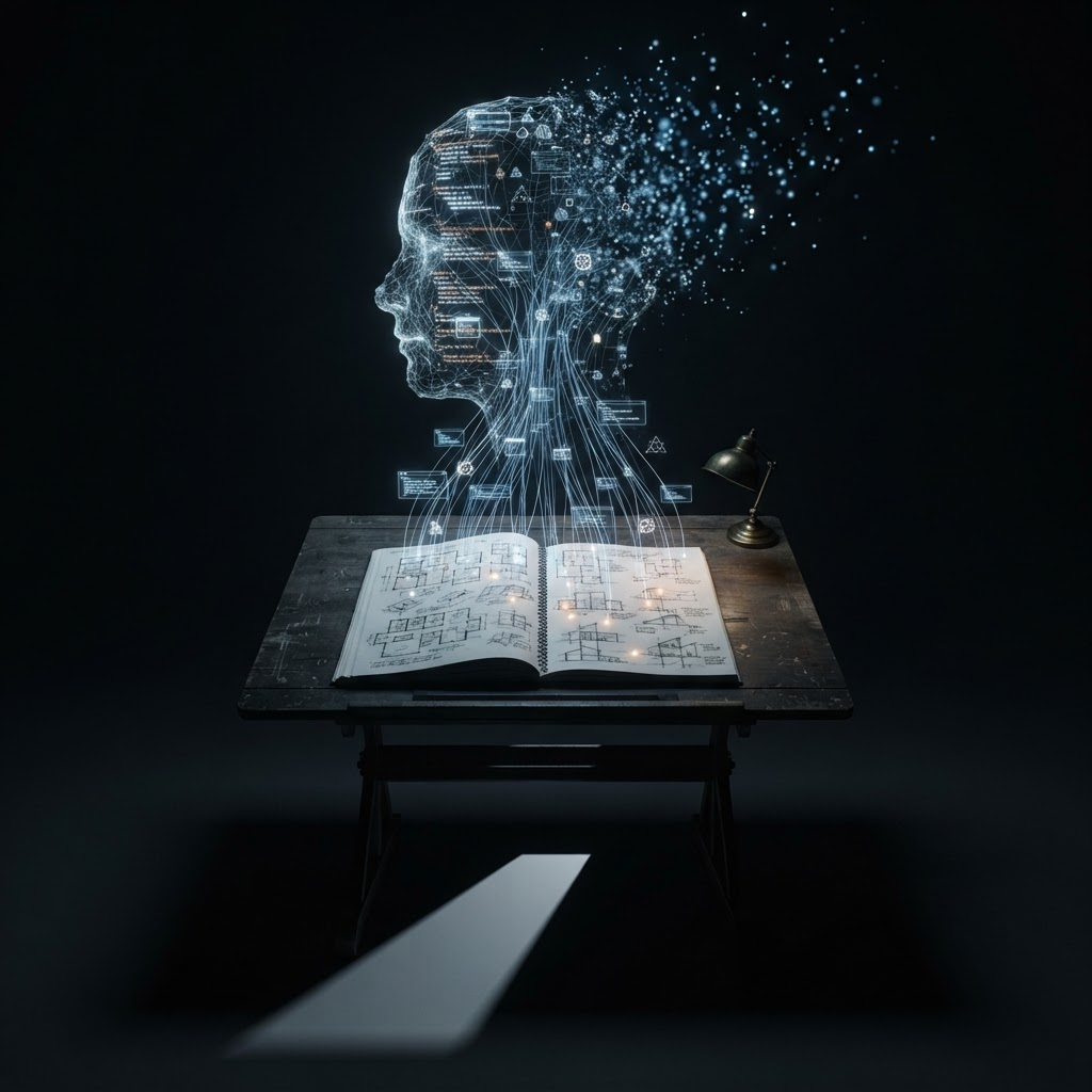 A drafting table floats in darkness as luminous AI prompt threads rise and dissolve into the silhouette of a disappearing mind, representing knowledge loss when a designer leaves a practice