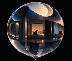 A modern apartment room contained within a glass sphere, featuring a person sitting on a bed overlooking a city skyline at dusk