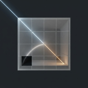 Glass facade panel with programmable photonic waveguide mesh splitting a single light beam into three precisely directed paths across an interior space