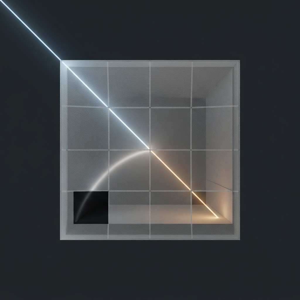 Glass facade panel with programmable photonic waveguide mesh splitting a single light beam into three precisely directed paths across an interior space