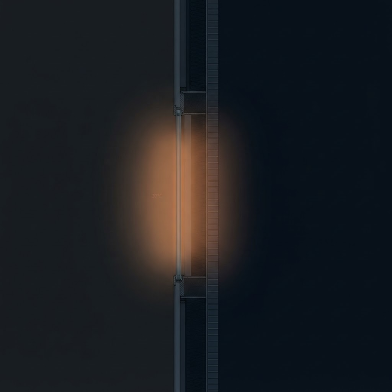 A cross-section diagram of a building wall showing warm thermal heat bleeding from the interior through insulation and glazing layers into a cold exterior void, illustrating the concept of thermal privacy failure in architectural envelopes.