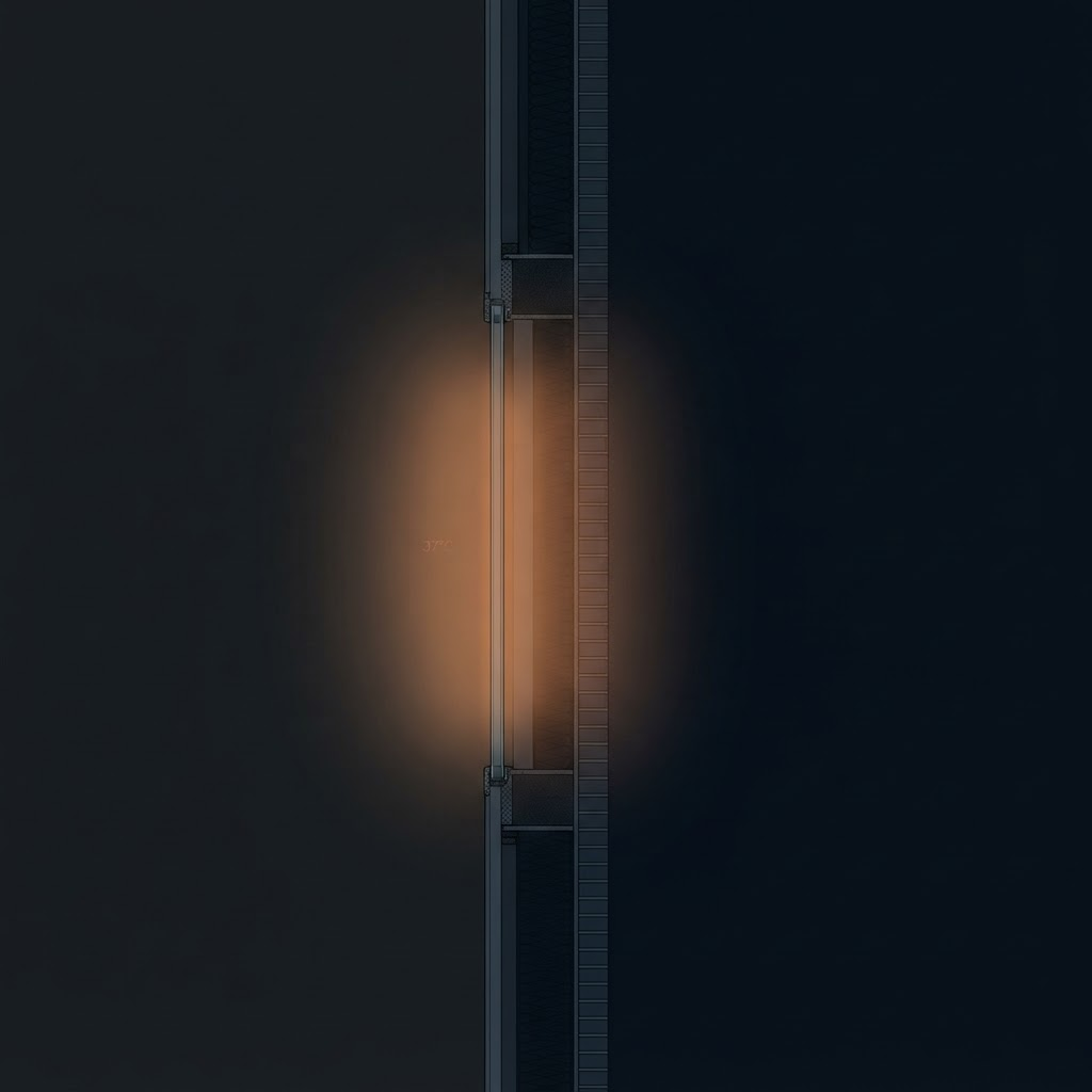 A cross-section diagram of a building wall showing warm thermal heat bleeding from the interior through insulation and glazing layers into a cold exterior void, illustrating the concept of thermal privacy failure in architectural envelopes.