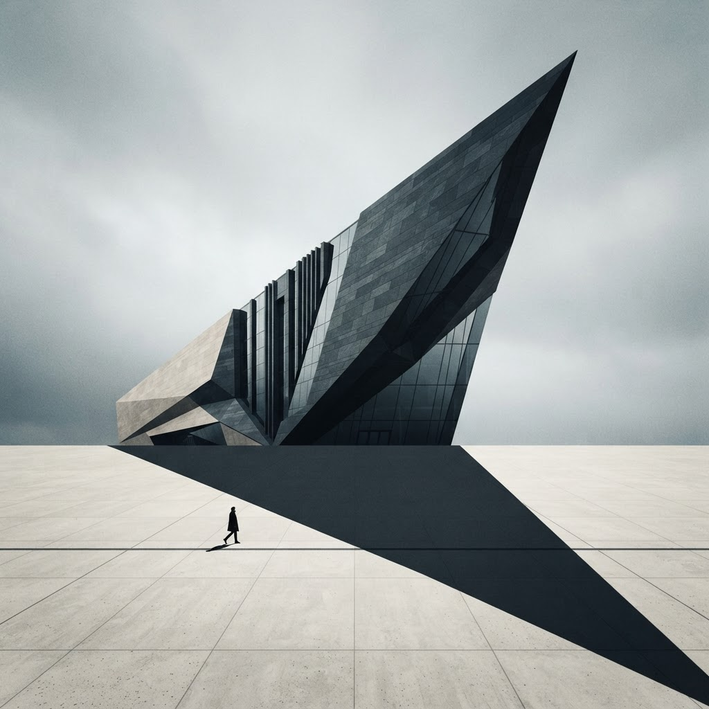 A massive, sharp-edged skyscraper towers into a pale sky, casting an immense geometric shadow across a vast plaza where a tiny solitary pedestrian walks along the edge.