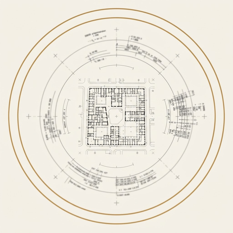 A precise architectural floor plan encircled by faded survey annotations and measurement marks, representing urban communities observed without consent.