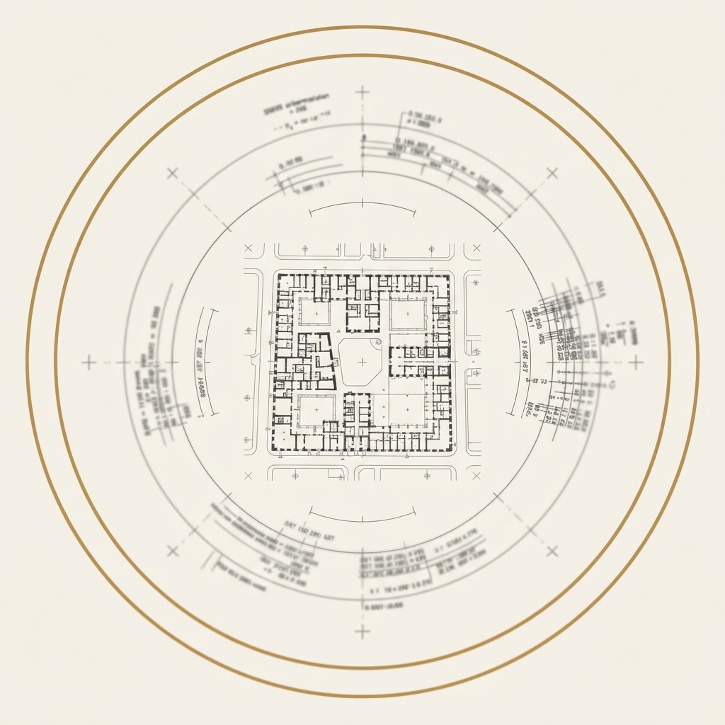 A precise architectural floor plan encircled by faded survey annotations and measurement marks, representing urban communities observed without consent.