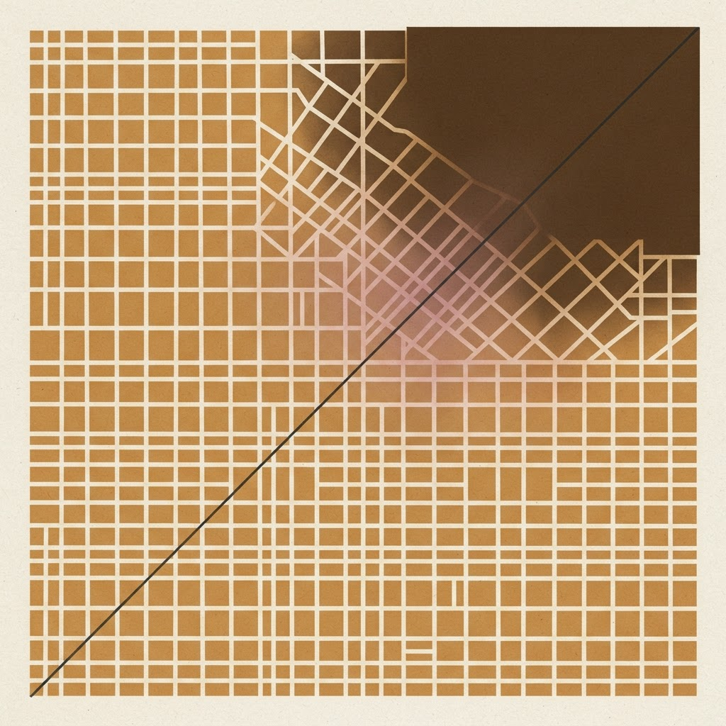 Aerial urban grid fracturing into dense crystallized mass, divided by a diagonal threshold line — editorial illustration for econophysics and urban wealth distribution.