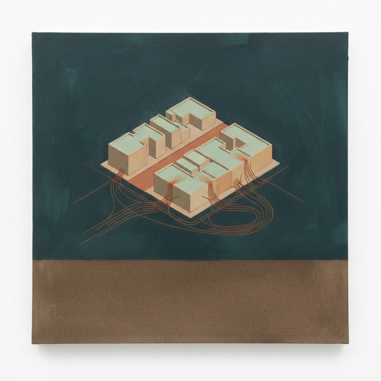 Isometric city block in celadon and sand against a deep Prussian green-blue ground, infrastructure lines curving back inward on themselves in burnt sienna, a flush of cadmium at the point of re-entry.