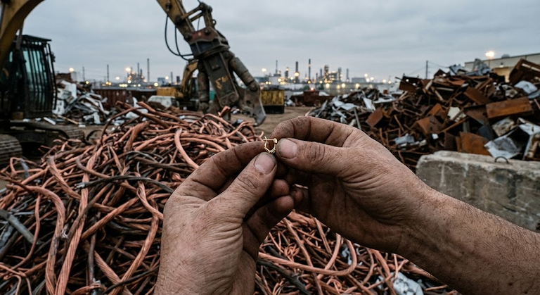 Dirty hands holding a small gold earring in a scrap yard surrounded by piles of copper wire and heavy machinery
