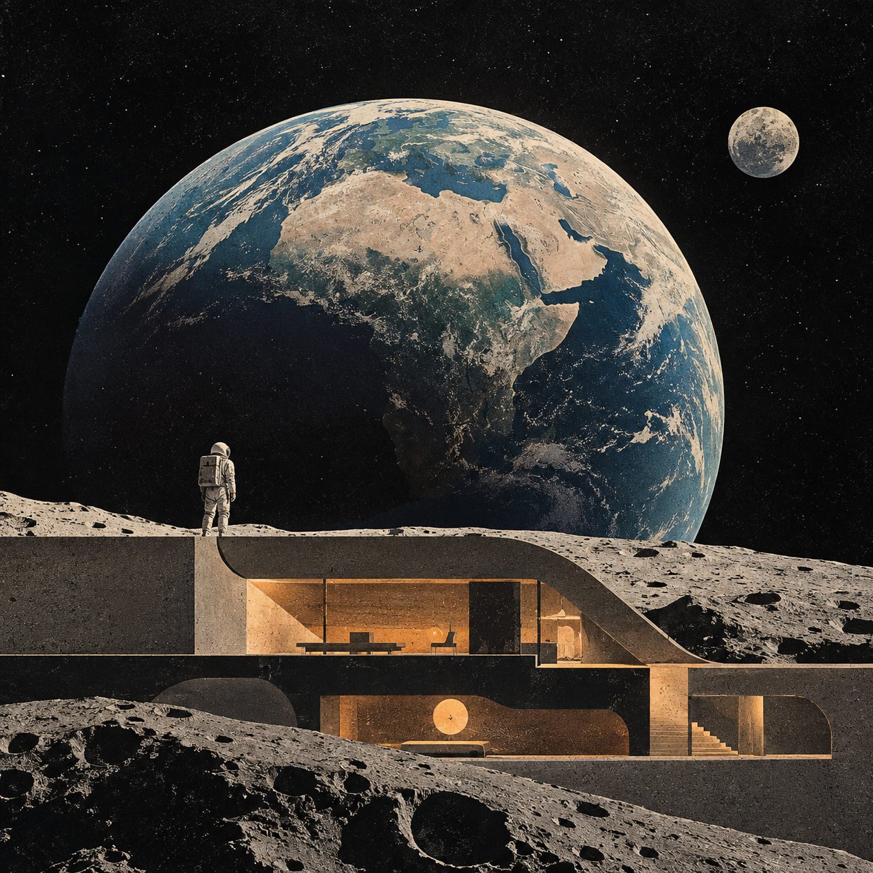 An astronaut standing on top of a modern house built into the lunar surface, facing Earth in the dark starry sky
