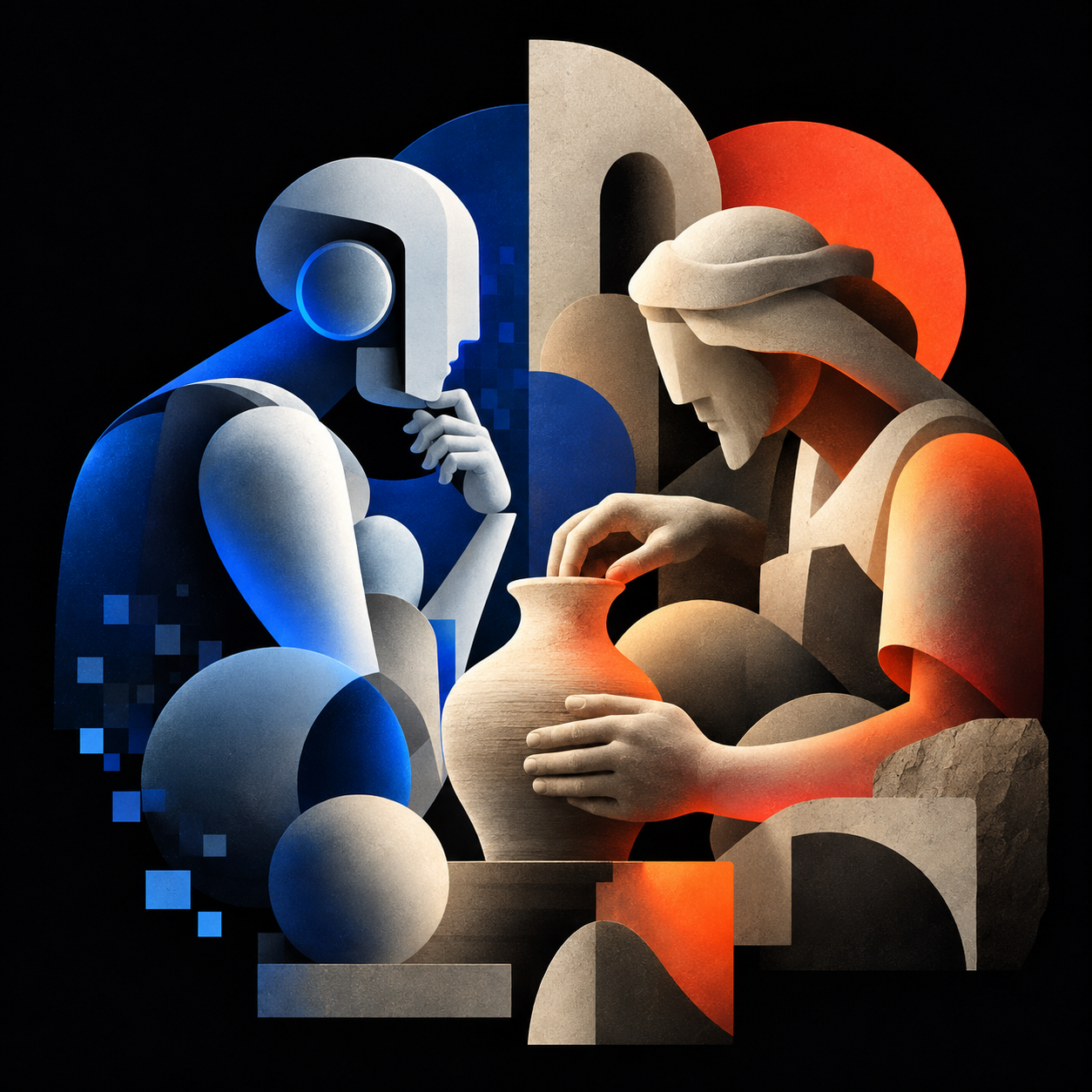 Stylised artwork depicting a blue robot figure observing a human craftsperson shaping a clay pot