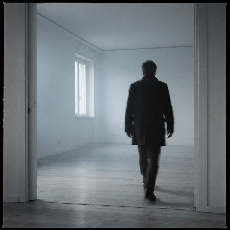 A blurred figure stands at the threshold of an empty room with engineered wood floors and closed window, evoking indoor air quality concern.