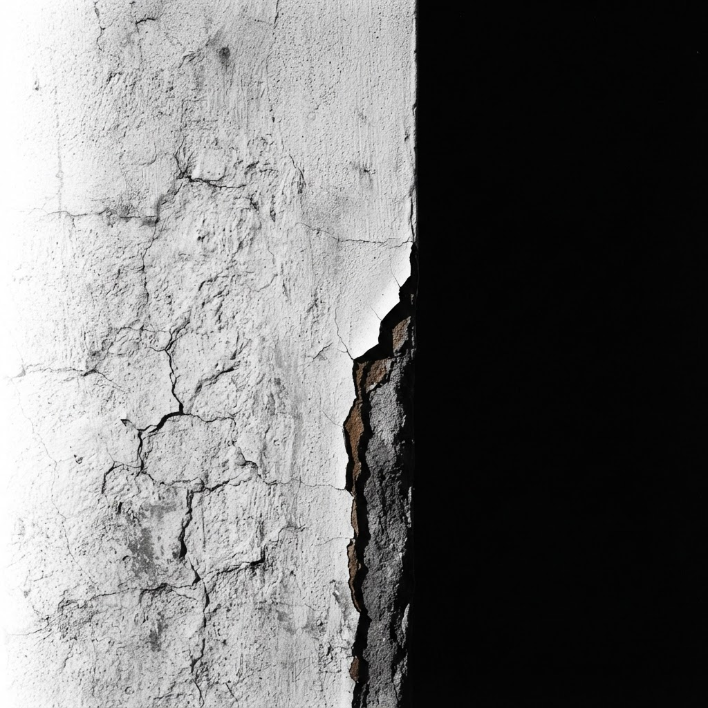 Raking light across a deteriorating exterior wall surface reveals cracks and peeling architectural coating layers against deep shadow.
