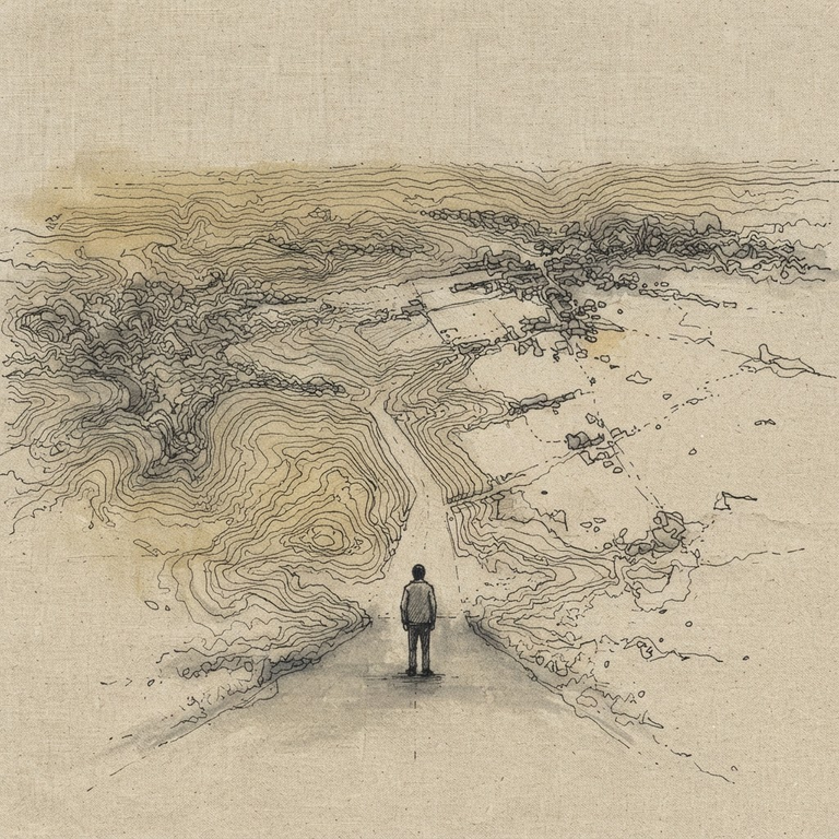 A lone figure stands on a dissolving road between fragmented urban forms and open earth, illustrating the undefined urban periphery boundary.