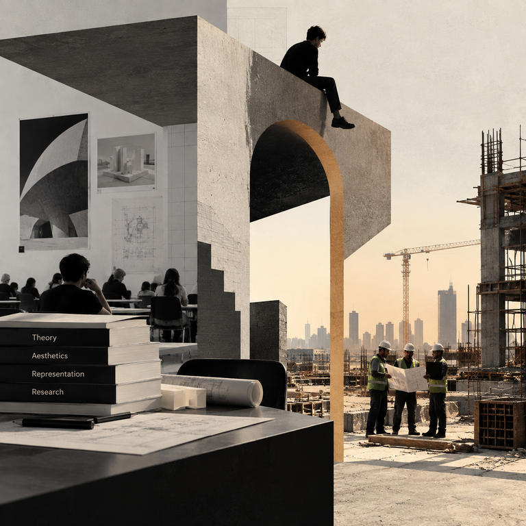 Collage contrasting architectural theory and classroom study with hard-hatted workers on a modern construction site
