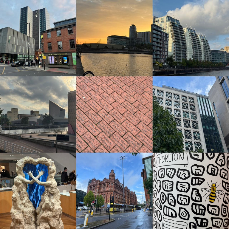 A nine-picture grid showing various landmarks, architecture, and public art across Greater Manchester