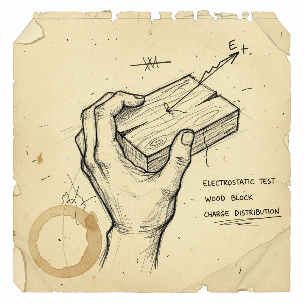 Hand-drawn scientist's notebook sketch of a hand holding plywood with an electric field line arrow illustrating dielectric constant concept