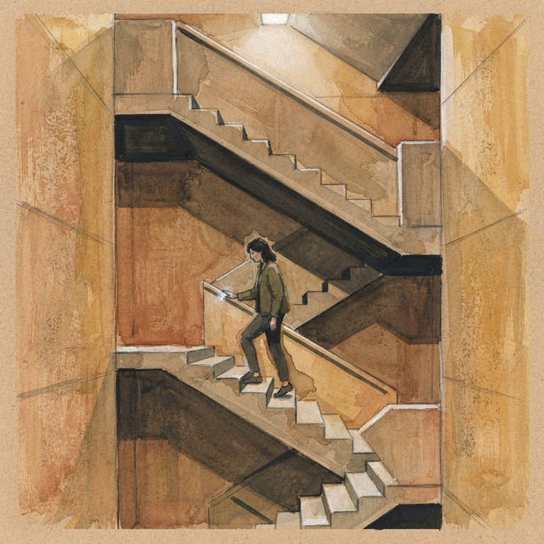 Gouache illustration of a lone figure mid-step in a concrete stairwell, hand touching the wall — digital resilience and smart building fragility.