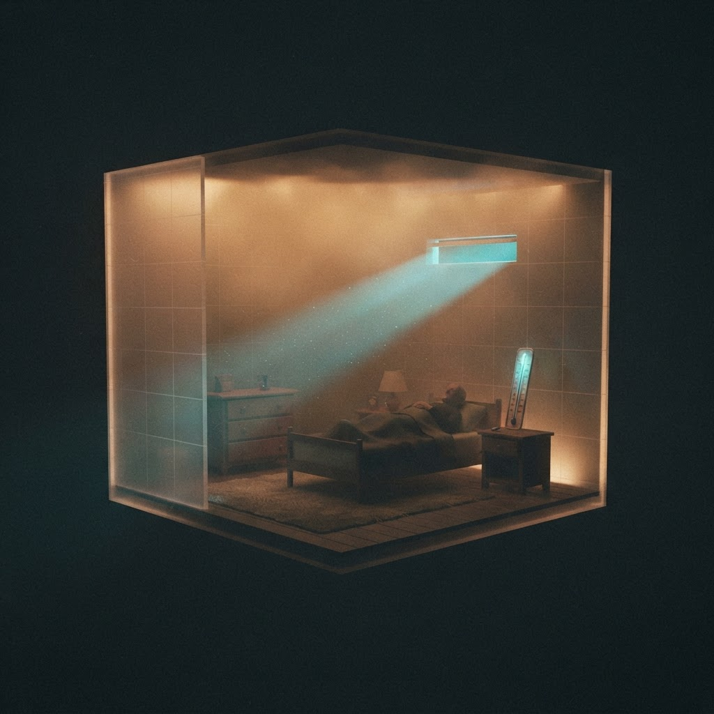 Cross-sectioned translucent bedroom diorama glowing with trapped amber heat while a cool light beam crosses toward a lone elderly figure on a bed