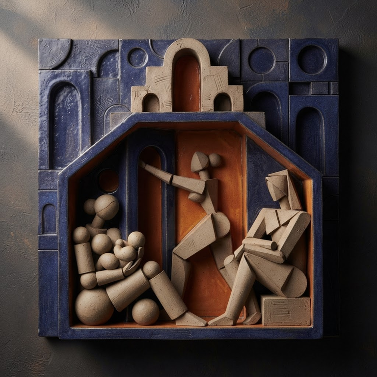 Cubist ceramic relief of female figures compressed inside a shrinking geometric dwelling, burnt orange interiors against deep indigo walls