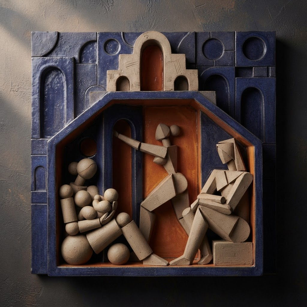 Cubist ceramic relief of female figures compressed inside a shrinking geometric dwelling, burnt orange interiors against deep indigo walls