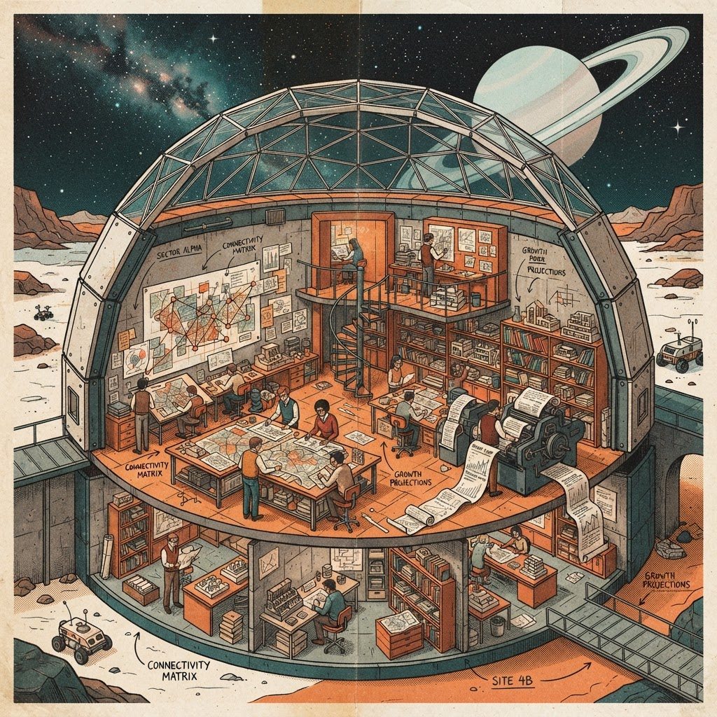 Retro-futurist cutaway of a domed architecture studio where students and machines build layered city scenarios together
