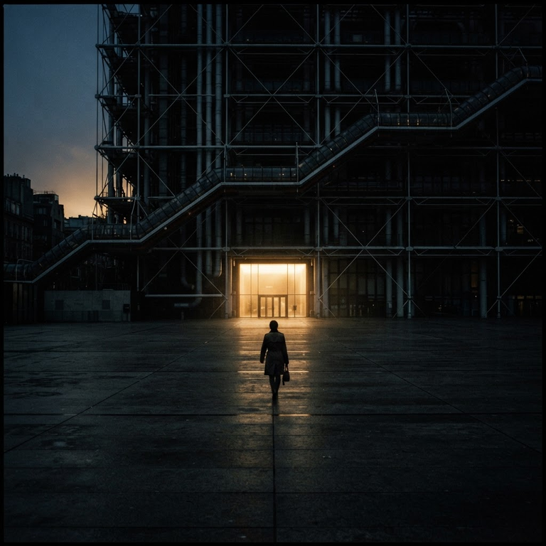 Lone silhouetted figure crossing a vast empty plaza toward the glowing exoskeleton of a high-tech cultural building at dusk