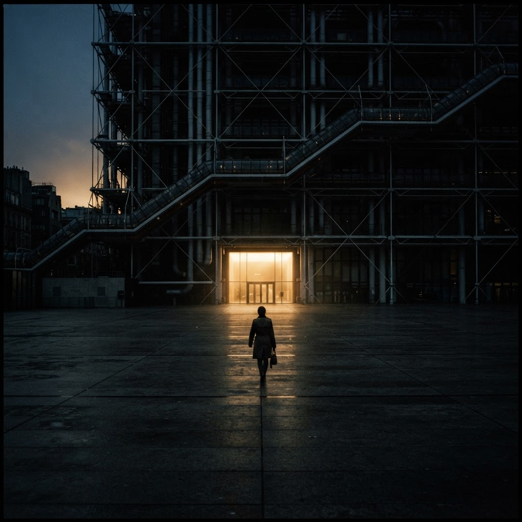 Lone silhouetted figure crossing a vast empty plaza toward the glowing exoskeleton of a high-tech cultural building at dusk