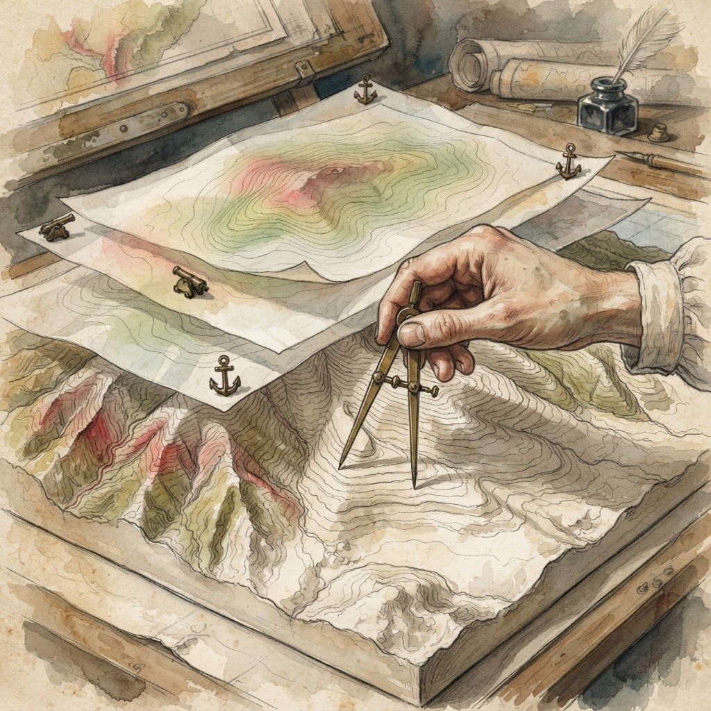 Architect studying topographic parametric maps overlaying a physical terrain model with contour lines