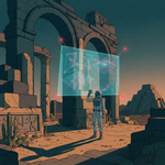 A retro sci-fi illustration of an astronaut standing in desert ruins, raising a hand toward a glowing cyan holographic display. The screen shows digital 3D wireframe meshes and elevation grids that do not align with the ancient stone arches behind it. Crimson laser nodes float near the display edges under dusk lighting with long shadows.