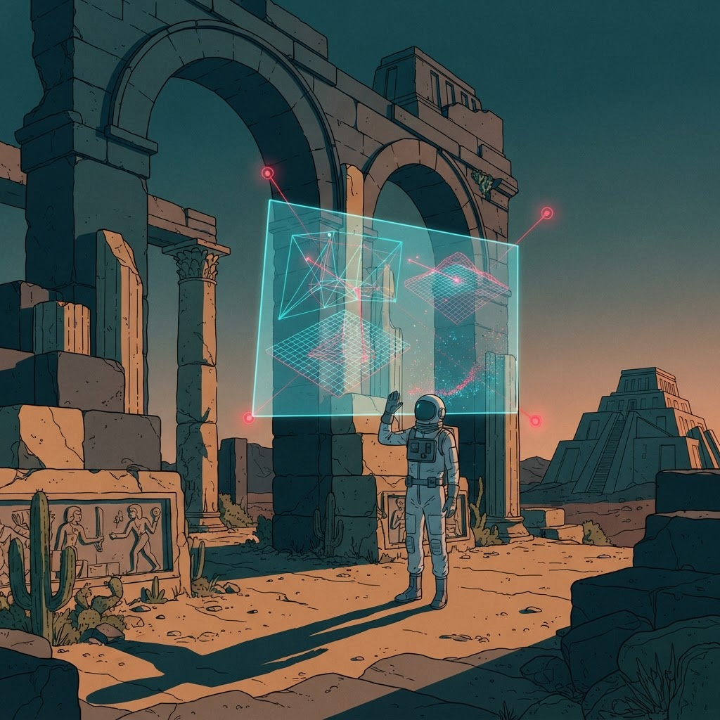 A retro sci-fi illustration of an astronaut standing in desert ruins, raising a hand toward a glowing cyan holographic display. The screen shows digital 3D wireframe meshes and elevation grids that do not align with the ancient stone arches behind it. Crimson laser nodes float near the display edges under dusk lighting with long shadows.