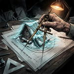 Dramatic graphic novel illustration of an architect&rsquo;s hand using brass dividers to measure snow drift curves on translucent vellum paper, revealing a steep-roofed miniature building model beneath under high-contrast desk lighting.