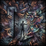 Hyper-complex surreal artwork of a solitary silhouette touching a wall, triggering an impossible, non-Euclidean corridor to fold into infinite fractal dimensions, overlapping timelines, holographic grids, and physical soundwaves under dark atmospheric chiaroscuro lighting.