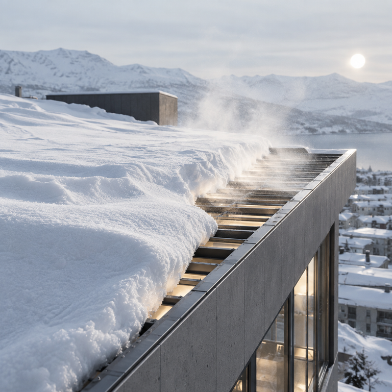 A close-up shot of a modern architectural building rooftop covered in thick snow, with sunlight reflecting on the metal edge structure, background showing snowy mountains and a coastal town under a winter sun.