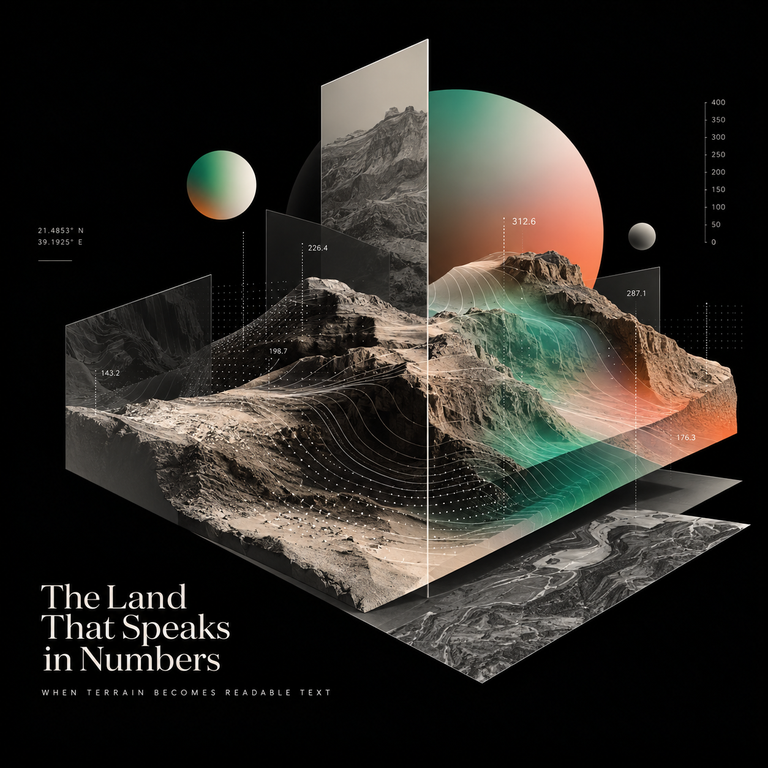 A 3D isometric infographic titled "The Land That Speaks in Numbers" showing a detailed rocky mountain terrain model sliced into cross-sections, with digital contour lines, data points, numeric labels, and abstract colorful planetary spheres on a black background.