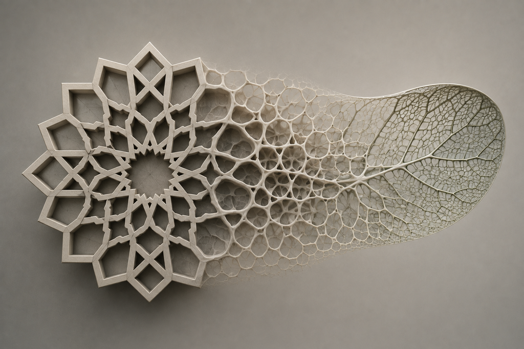 Intricate artwork morphing from a geometric Islamic star pattern into the organic vein structure of a leaf