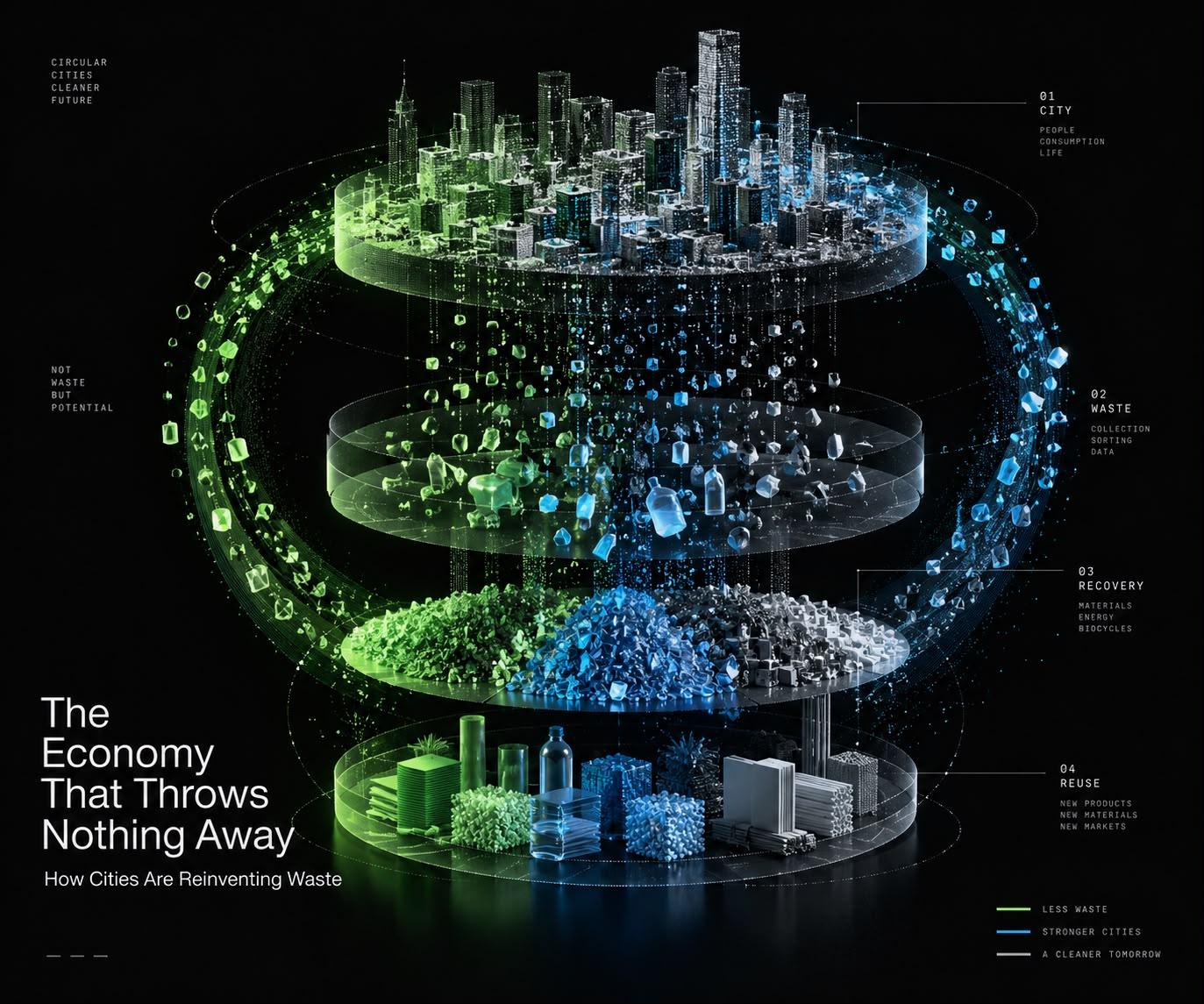 A 3D circular economy infographic showing the step-by-step process of city waste collection, material recovery, and product reuse.