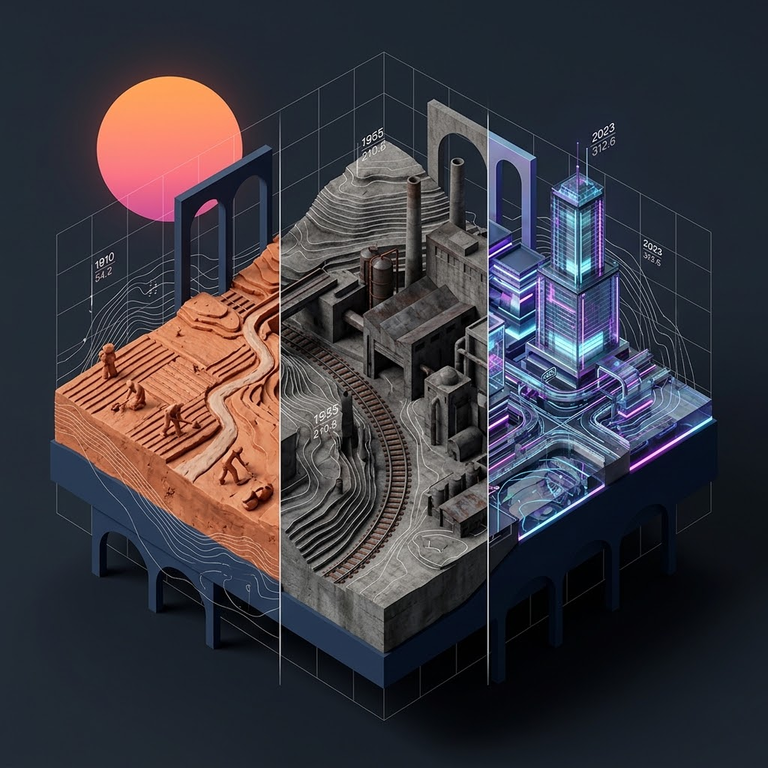 3D isometric graphic showing urban evolution across three sliced eras: agriculture (1910), industrial factories with railways (1955), and a futuristic cyberpunk metropolis (2023) overlayed with data grids.