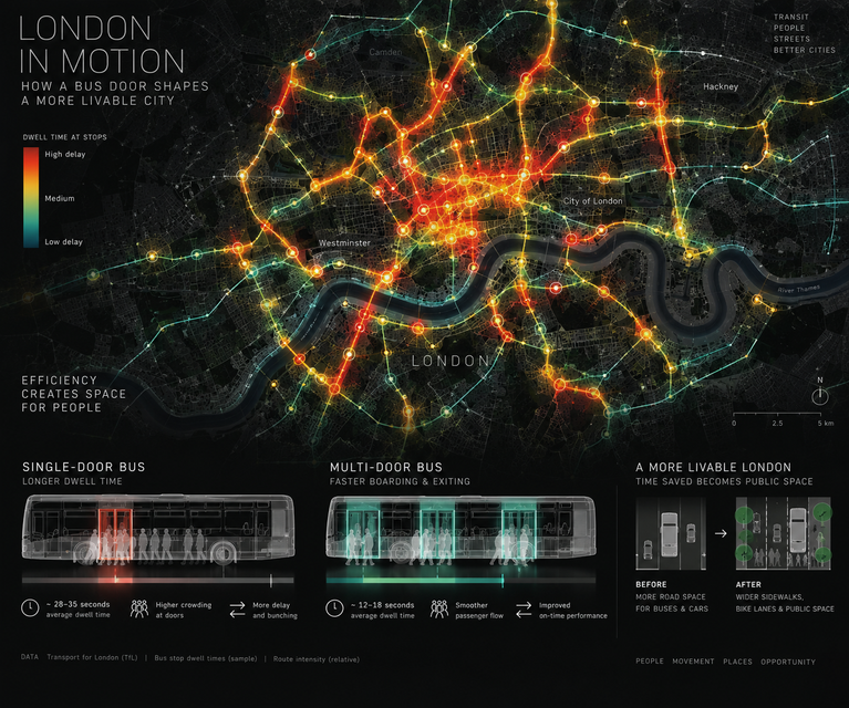 Infographic showing how multi-door buses reduce bus dwell times in London, improving traffic flow and freeing up public space