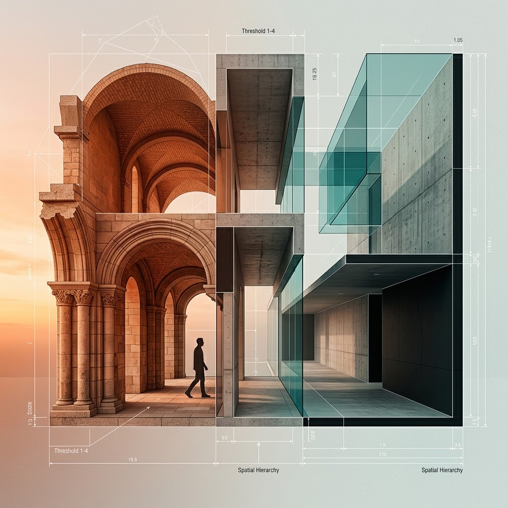 Conceptual illustration showing a human silhouette walking through layered architectural arches and blueprint overlays, representing the hidden grammar of space.