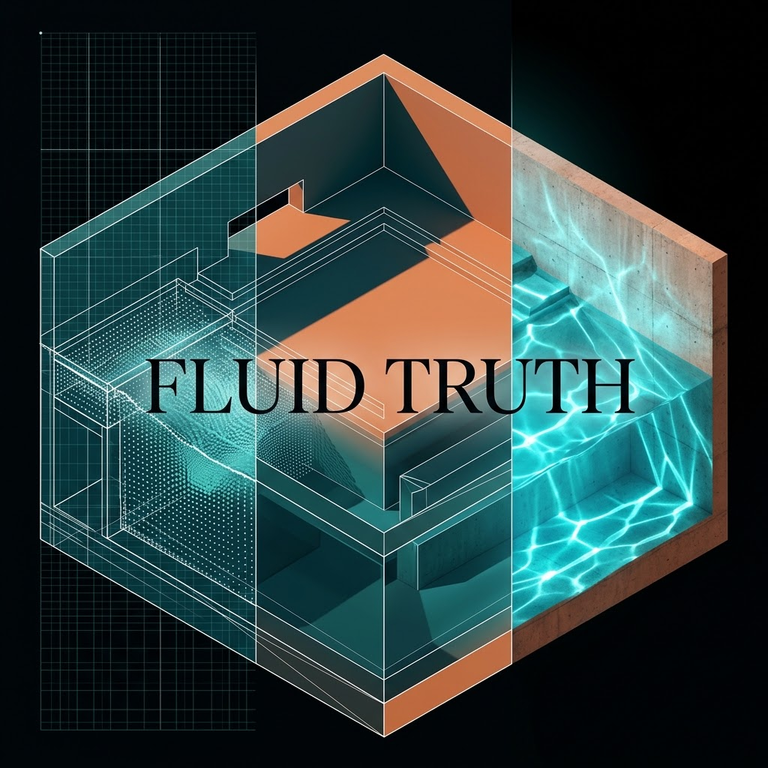 Isometric sliced cross-section poster of a modern architectural pool plaza, showing wireframe blueprint grids, fluid particle simulations, and ray-traced cyan caustics with the editorial title "FLUID TRUTH".
