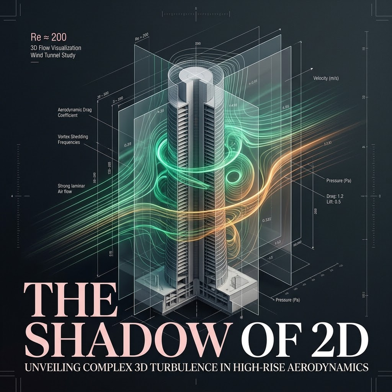 Architectural visual poster featuring a 3D isometric cutaway of a tall cylindrical skyscraper with glowing green and orange turbulent wind flow vortices, glass slicing planes, technical data overlays, and bold editorial typography reading "THE SHADOW OF 2D" on a dark grid background.