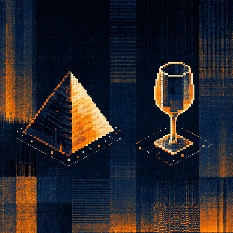Pixel art illustration of a pyramid and a wine glass in orange tones against a dark blue background